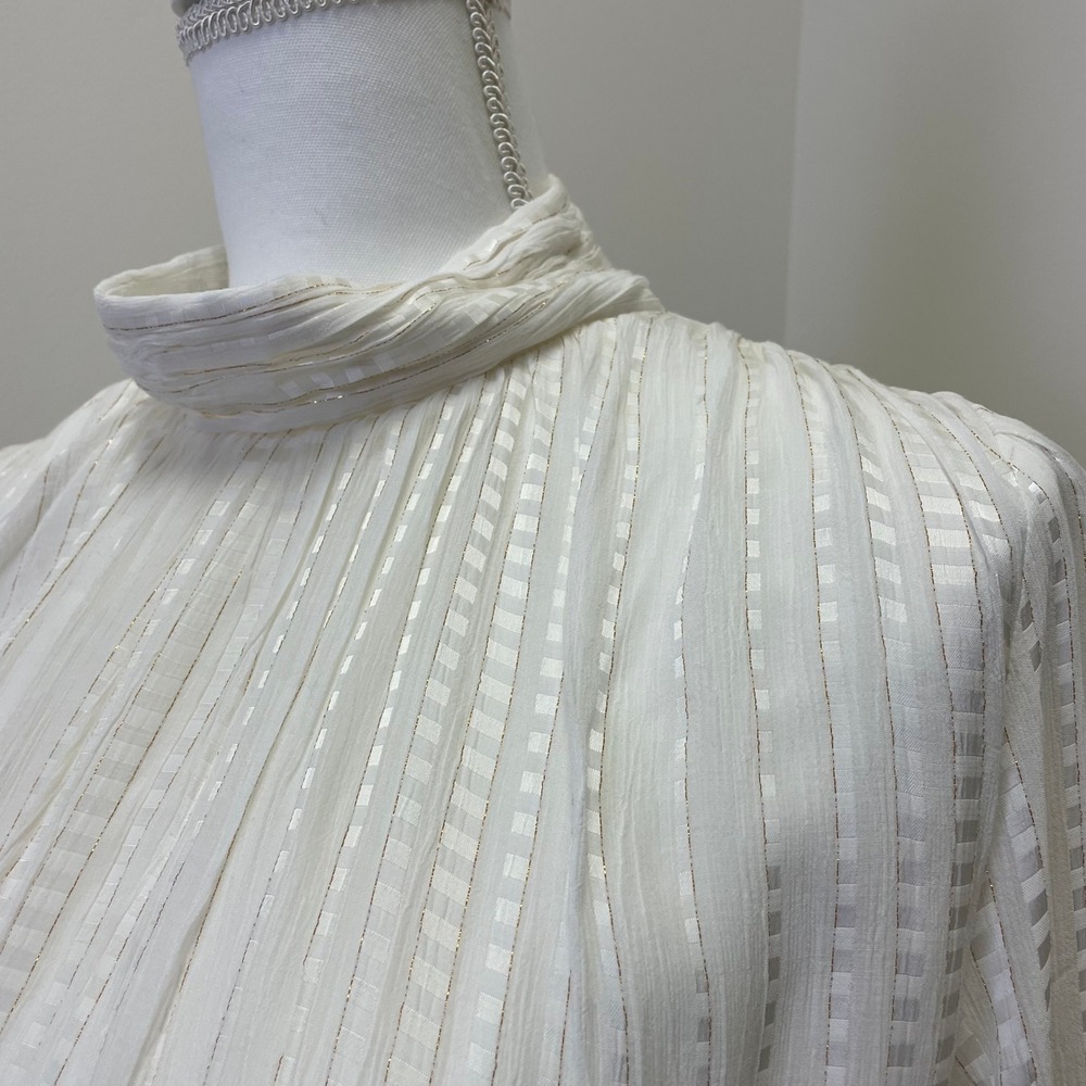 NEW Ann Taylor White Gold Metallic Stripe Mock Neck Blouse Large Bohemian - Picture 2 of 16